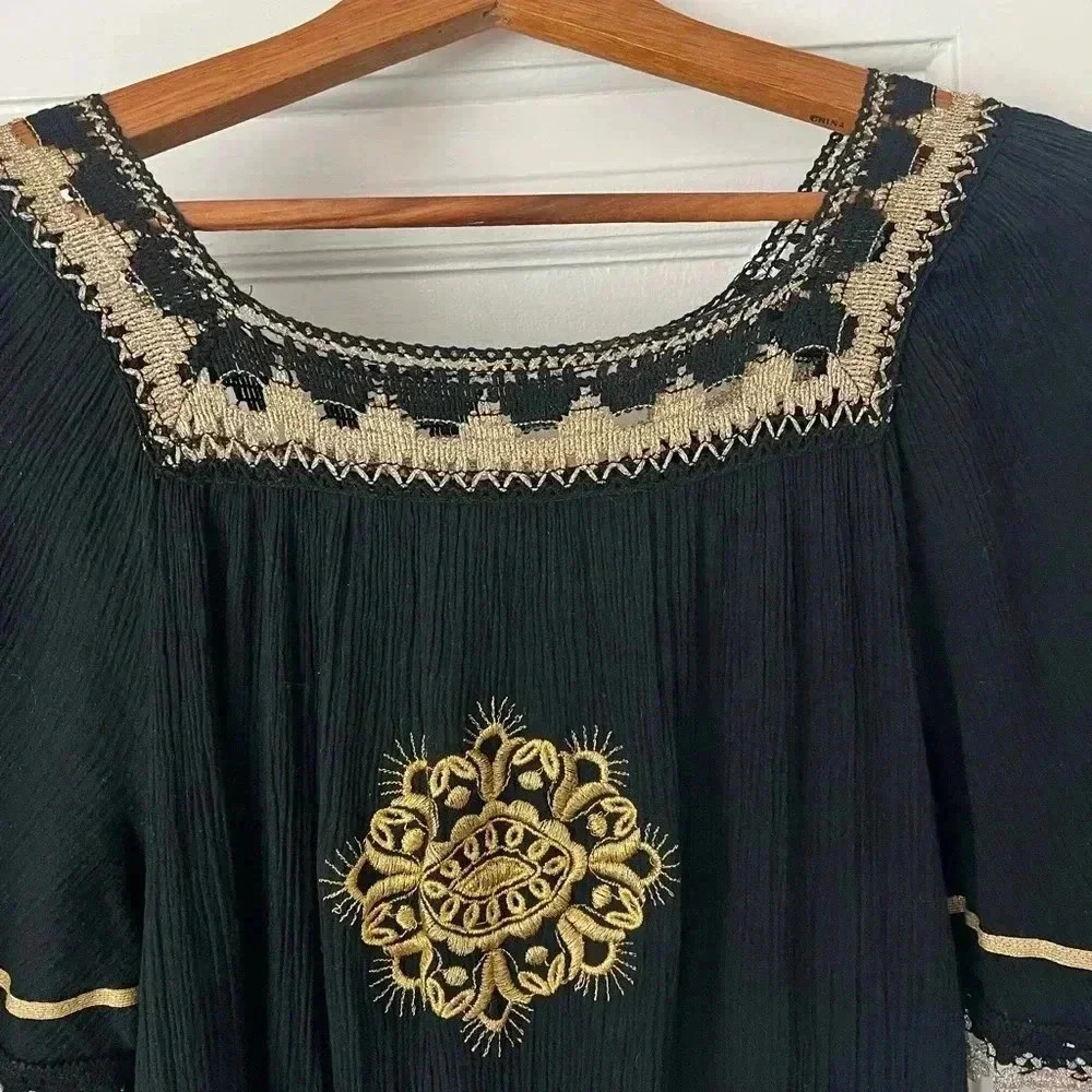 Vintage Greek Embroidered Boho Dress - Black & Gold Cotton Midi size M - Picture 8 of 10